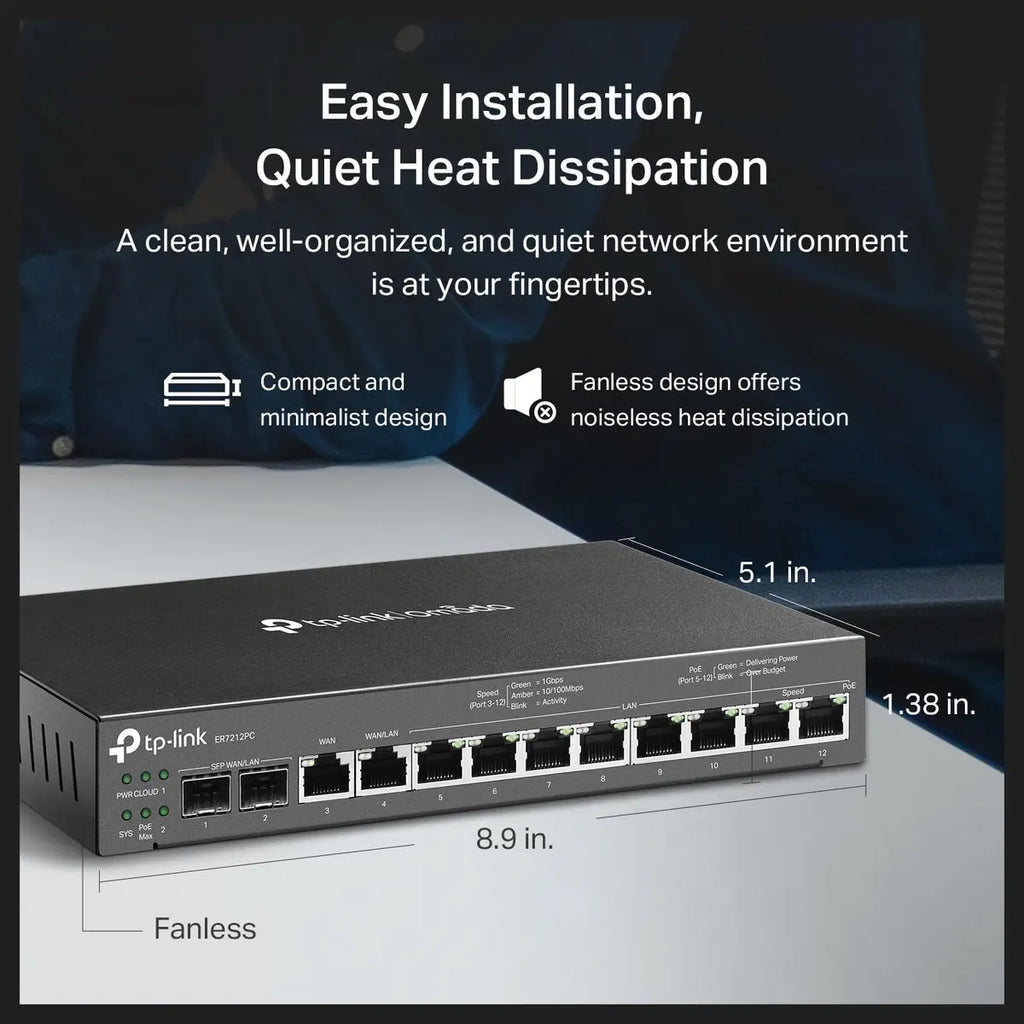 TP-Link ER7212PC Omada 3-in-1 Gigabit VPN Router, Up to 4 WAN, 8 PoE+ LAN Ports 110W, Fanless