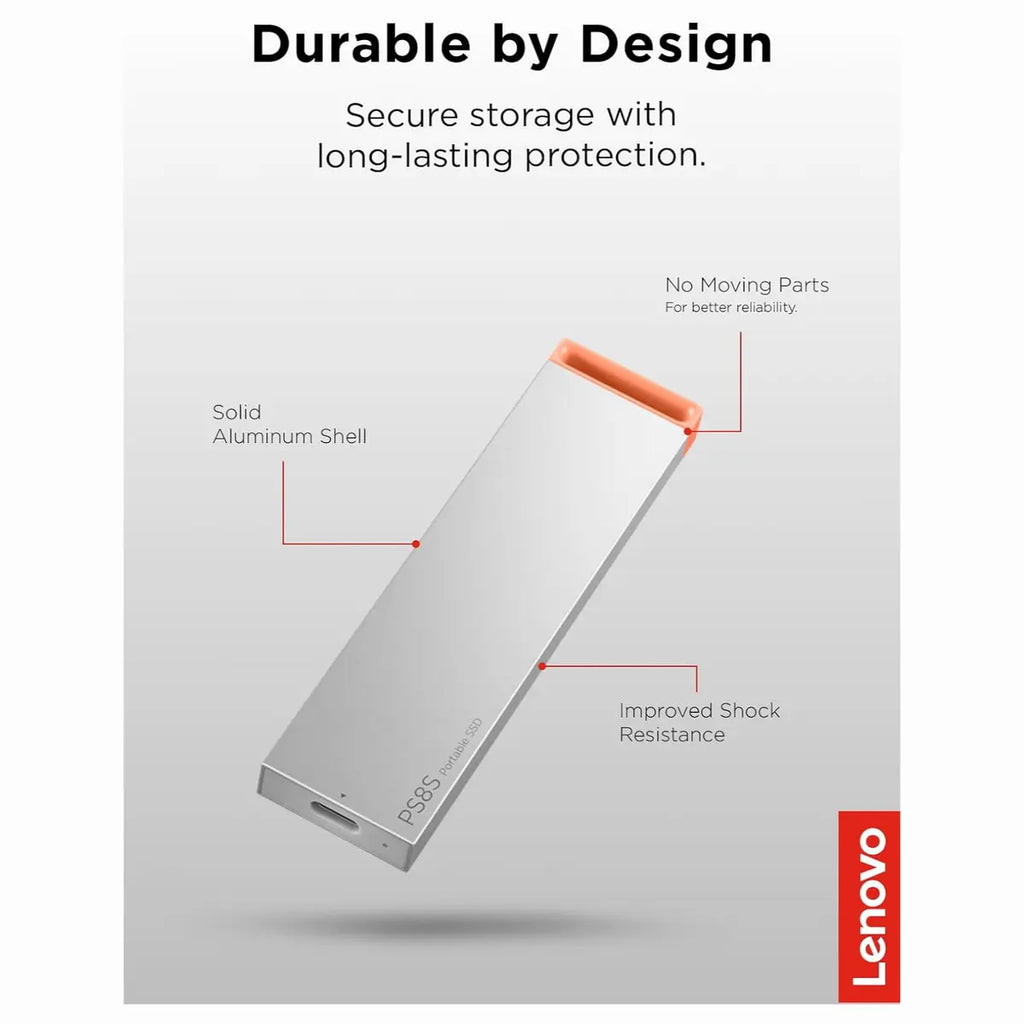 Lenovo PS8S 2TB Portable SSD, Up To 1050MB/s Read, 1000MB/s Write, USB 3.2 Gen 2 USB-C, Slim Lightweight 40g Aluminum Body