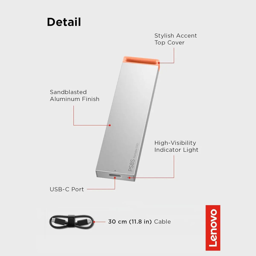 Lenovo PS8S 2TB Portable SSD, Up To 1050MB/s Read, 1000MB/s Write, USB 3.2 Gen 2 USB-C, Slim Lightweight 40g Aluminum Body