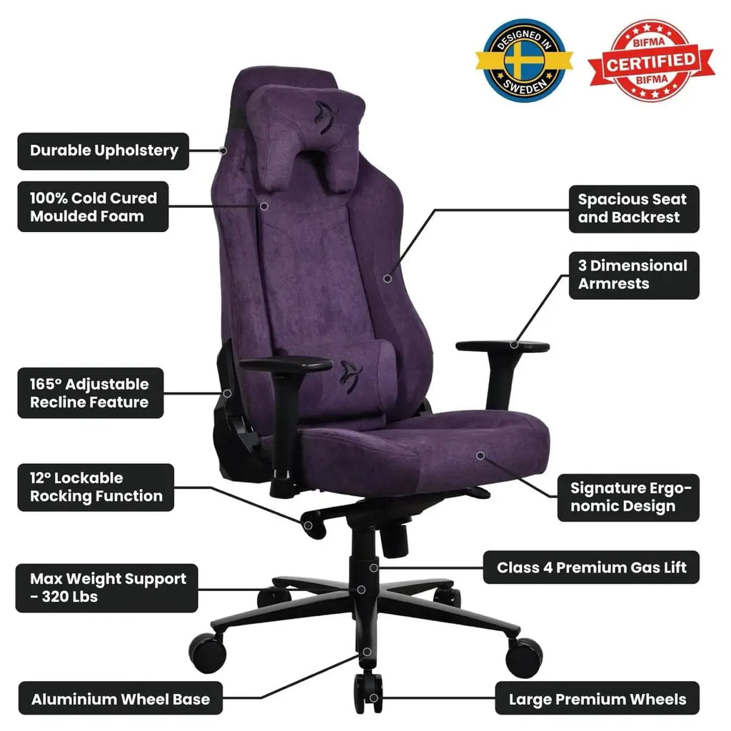 Arozzi Vernazza Soft Fabric Ergonomic Office and Gaming Chair, Durable Upholstery, Cold Cured Molded Foam, 3D Ergonomic Armrests, Pro Mechanism, Neck and Lumbar Support Pillows, Purple