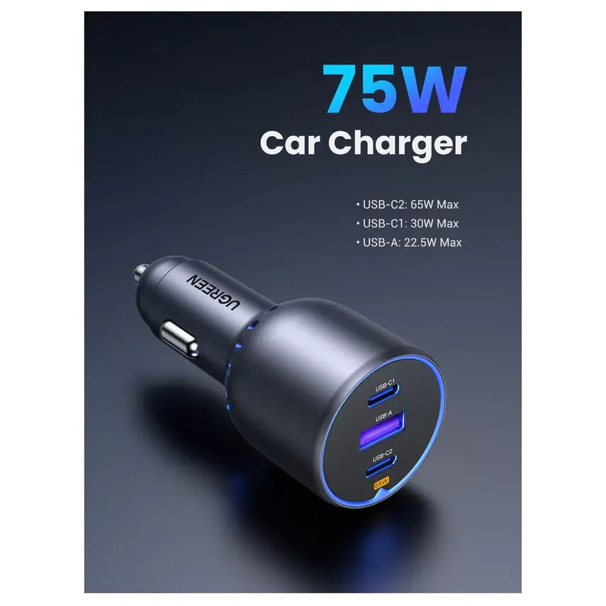 UGREEN EC703 75W Dual Type-C and 1x USB Car Charger, 2x USB-C PD 3.0 and 1x USB-A, QC 4.0 Plus and PPS Support, Smart Power Distribution, Space Gray 35024