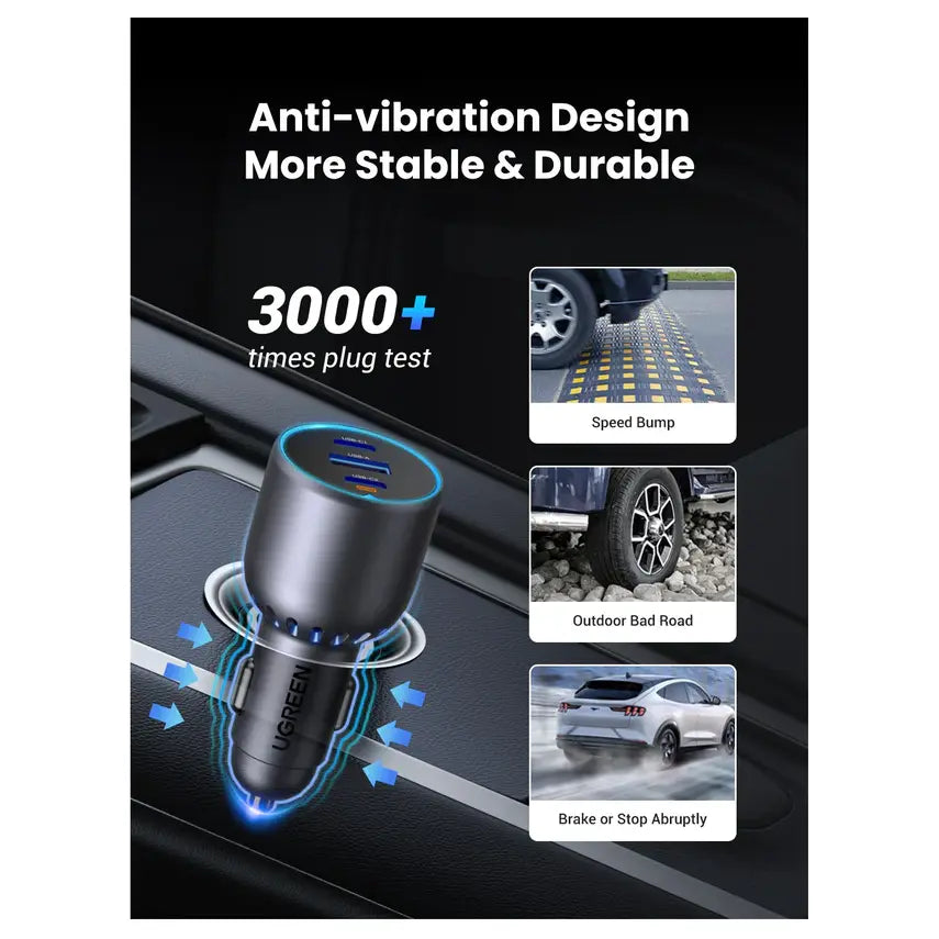 UGREEN EC703 75W Dual Type-C and 1x USB Car Charger, 2x USB-C PD 3.0 and 1x USB-A, QC 4.0 Plus and PPS Support, Smart Power Distribution, Space Gray 35024