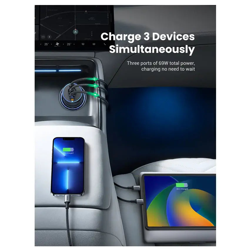 UGREEN EC703 75W Dual Type-C and 1x USB Car Charger, 2x USB-C PD 3.0 and 1x USB-A, QC 4.0 Plus and PPS Support, Smart Power Distribution, Space Gray 35024