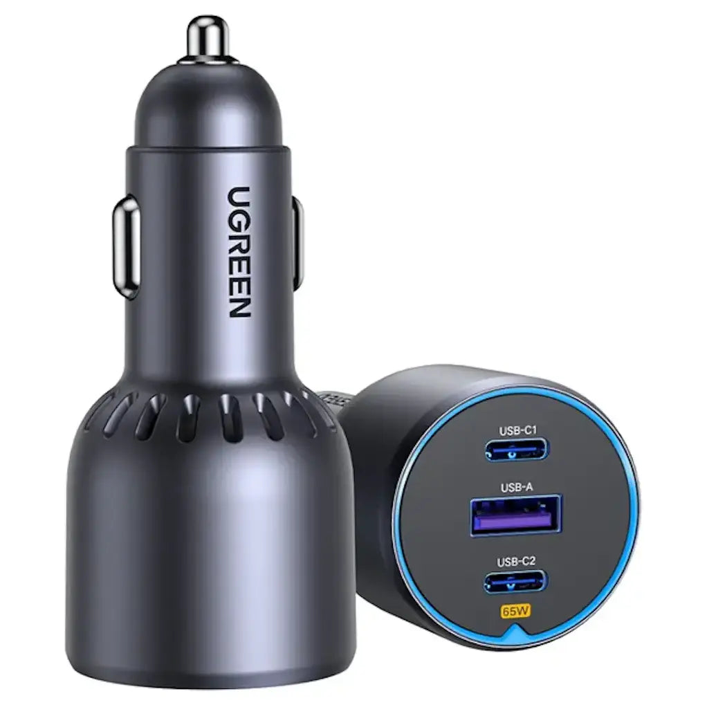 UGREEN EC703 75W Dual Type-C and 1x USB Car Charger, 2x USB-C PD 3.0 and 1x USB-A, QC 4.0 Plus and PPS Support, Smart Power Distribution, Space Gray 35024