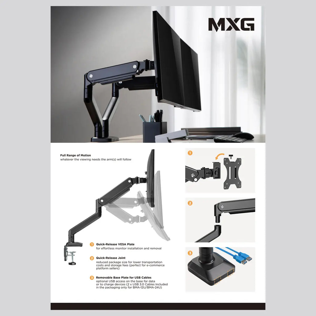 MXG BMA-12U Mechanical Spring Monitor Arm, 17"-32" Single Monitor, 2-10kg Capacity, 2xUSB 3.0 Port, Matte Black