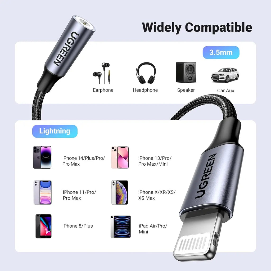 UGREEN Headphone Adapter for iPhone Lightning to 3.5mm Adapter 30756, Apple MFi Certified, Noise Reduction, Up to 48kHz 24-Bit Audio Output, In-Line Control, Plug and Play, Grey