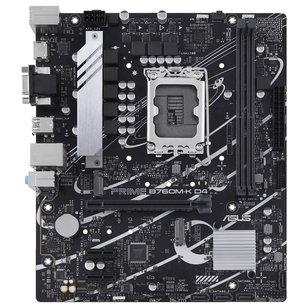 ASUS Prime B760M-K D4 Motherboard, Intel B760 LGA 1700 mATX, DDR4, PCIe 4.0 With 2x PCIe 4.0 M.2, Realtek 2.5Gb Ethernet, VGA and HDMI, SATA 6Gbps, Front USB 3.2 Gen 1