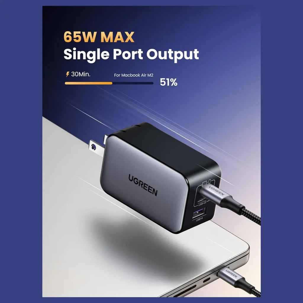 UGREEN NEXODE 65W USB-C GaN 3 Ports Wall Charger, 2 USB-C and 1 USB-A, PD 3.0 and QC 4.0 Plus, Model 10334, US Plug Black
