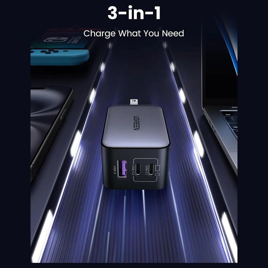 UGREEN NEXODE 65W USB-C GaN 3 Ports Wall Charger, 2 USB-C and 1 USB-A, PD 3.0 and QC 4.0 Plus, Model 10334, US Plug Black