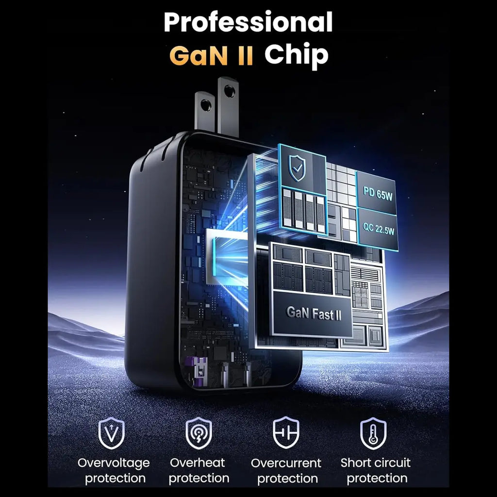 UGREEN NEXODE 65W USB-C GaN 3 Ports Wall Charger, 2 USB-C and 1 USB-A, PD 3.0 and QC 4.0 Plus, Model 10334, US Plug Black