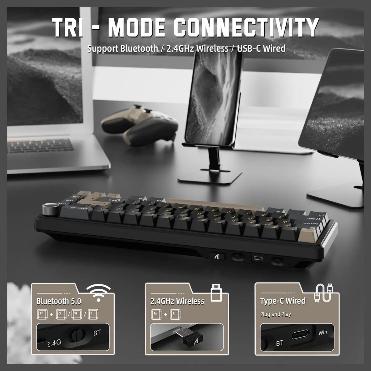 ATTACK SHARK X66 60% Wireless Gasket Mechanical Keyboard, Bluetooth and 2.4G Wireless and Type-C Wired, Hot-Swap 3 and 5-Pin, Pre-Lubed Strawberry Switch, 16.8 Million RGB, Starry Black