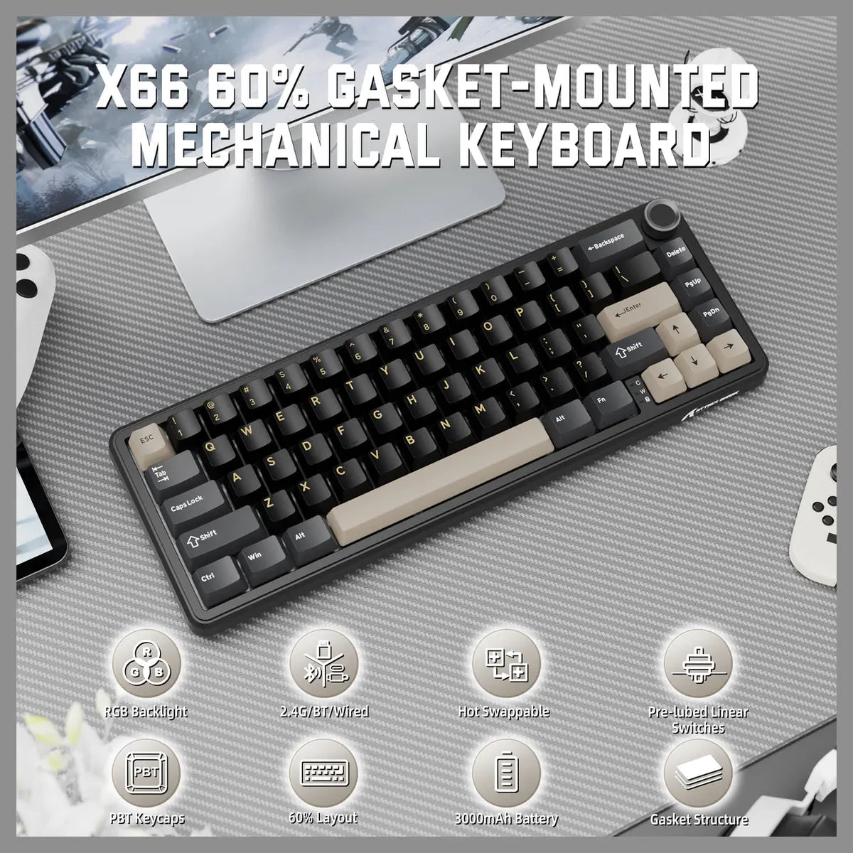 ATTACK SHARK X66 60% Wireless Gasket Mechanical Keyboard, Bluetooth and 2.4G Wireless and Type-C Wired, Hot-Swap 3 and 5-Pin, Pre-Lubed Strawberry Switch, 16.8 Million RGB, Starry Black