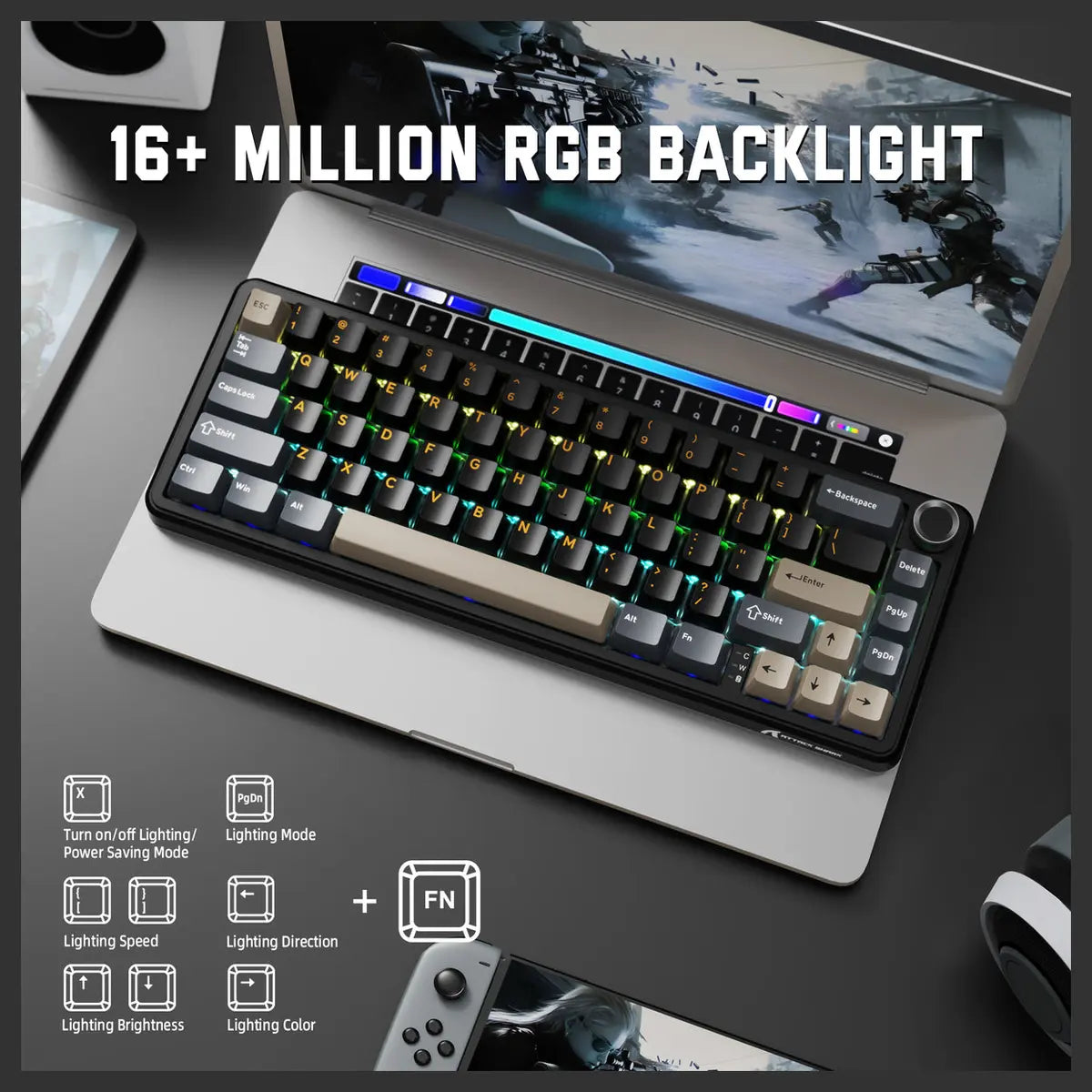 ATTACK SHARK X66 60% Wireless Gasket Mechanical Keyboard, Bluetooth and 2.4G Wireless and Type-C Wired, Hot-Swap 3 and 5-Pin, Pre-Lubed Strawberry Switch, 16.8 Million RGB, Starry Black
