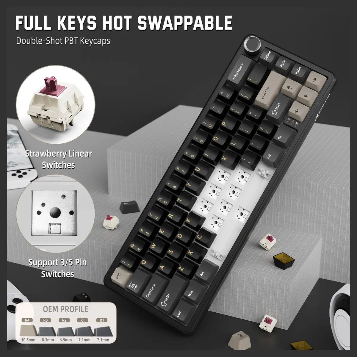 ATTACK SHARK X66 60% Wireless Gasket Mechanical Keyboard, Bluetooth and 2.4G Wireless and Type-C Wired, Hot-Swap 3 and 5-Pin, Pre-Lubed Strawberry Switch, 16.8 Million RGB, Starry Black