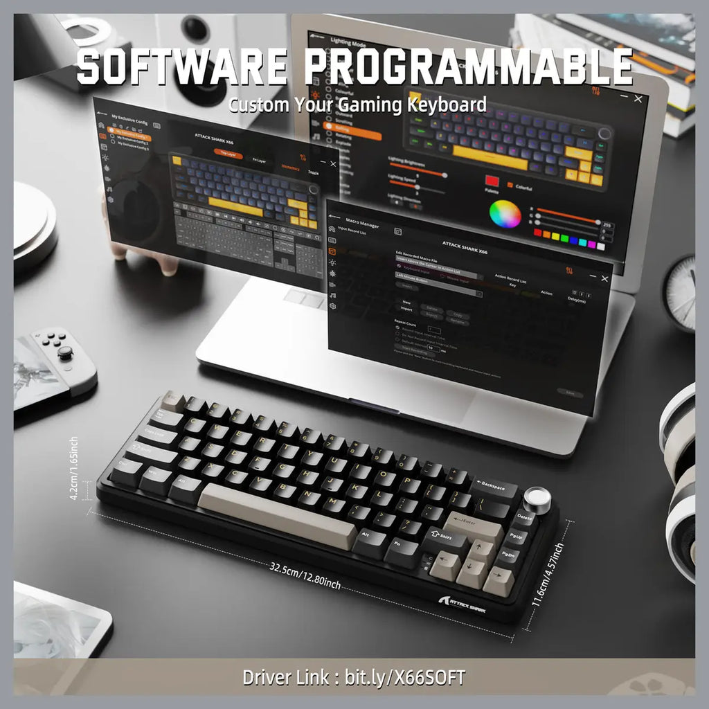 ATTACK SHARK X66 60% Wireless Gasket Mechanical Keyboard, Bluetooth and 2.4G Wireless and Type-C Wired, Hot-Swap 3 and 5-Pin, Pre-Lubed Strawberry Switch, 16.8 Million RGB, Starry Black
