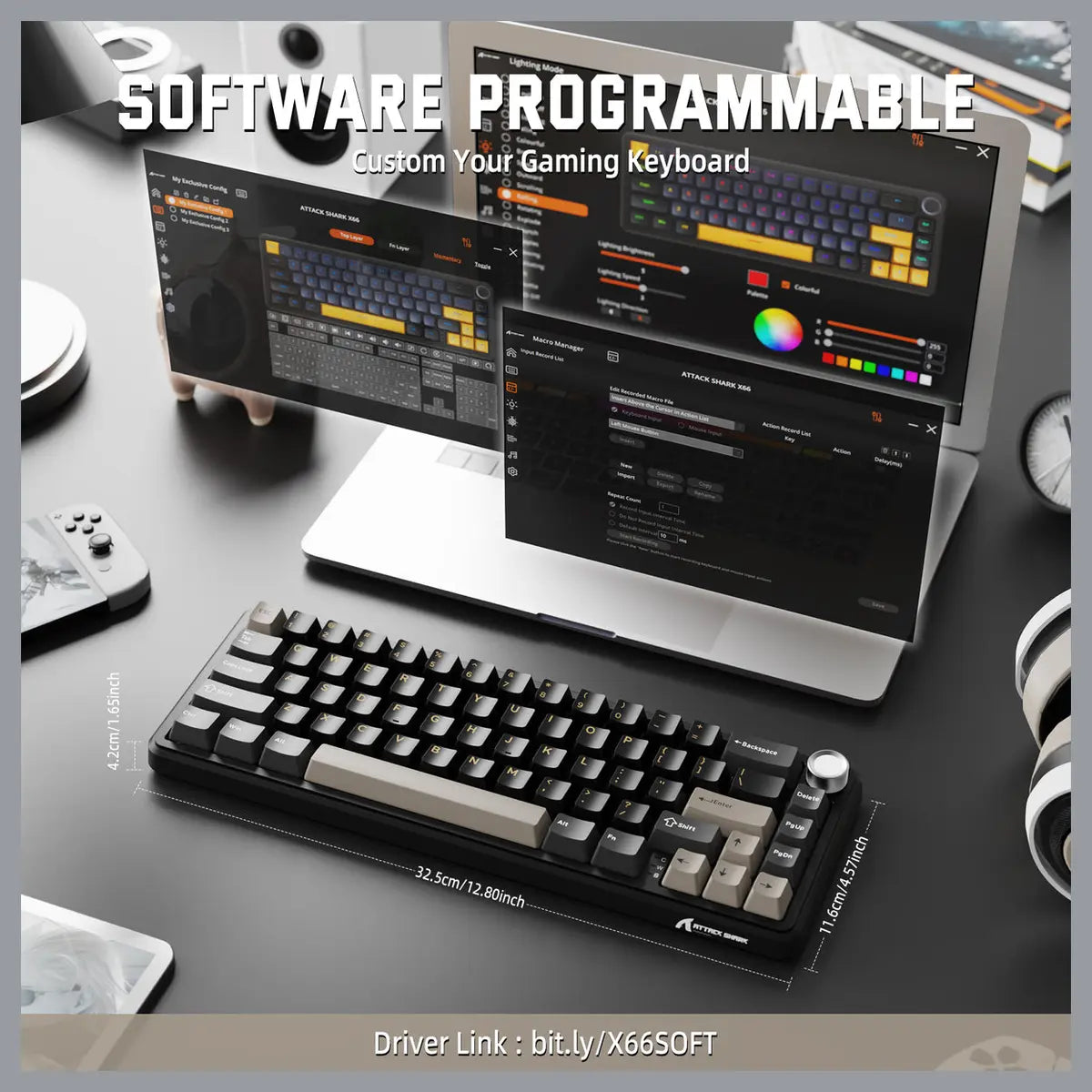 ATTACK SHARK X66 60% Wireless Gasket Mechanical Keyboard, Bluetooth and 2.4G Wireless and Type-C Wired, Hot-Swap 3 and 5-Pin, Pre-Lubed Strawberry Switch, 16.8 Million RGB, Starry Black