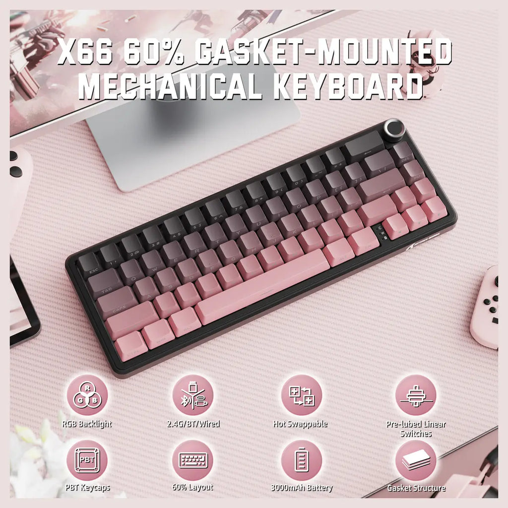 ATTACK SHARK X66 Wireless Mechanical Keyboard, Bluetooth and 2.4G Wireless and Type-C Wired, 60% ANSI Layout, Upgraded Gasket-Mount, Hot-Swap 3 and 5-Pin, Pre-Lubed Strawberry Switch, 3000mAh Battery, Blackberry Pink