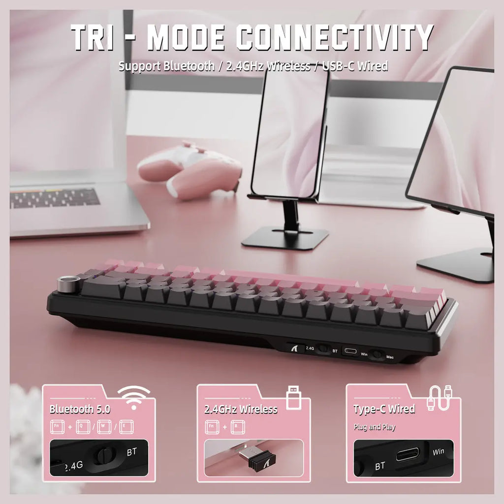 ATTACK SHARK X66 Wireless Mechanical Keyboard, Bluetooth and 2.4G Wireless and Type-C Wired, 60% ANSI Layout, Upgraded Gasket-Mount, Hot-Swap 3 and 5-Pin, Pre-Lubed Strawberry Switch, 3000mAh Battery, Blackberry Pink
