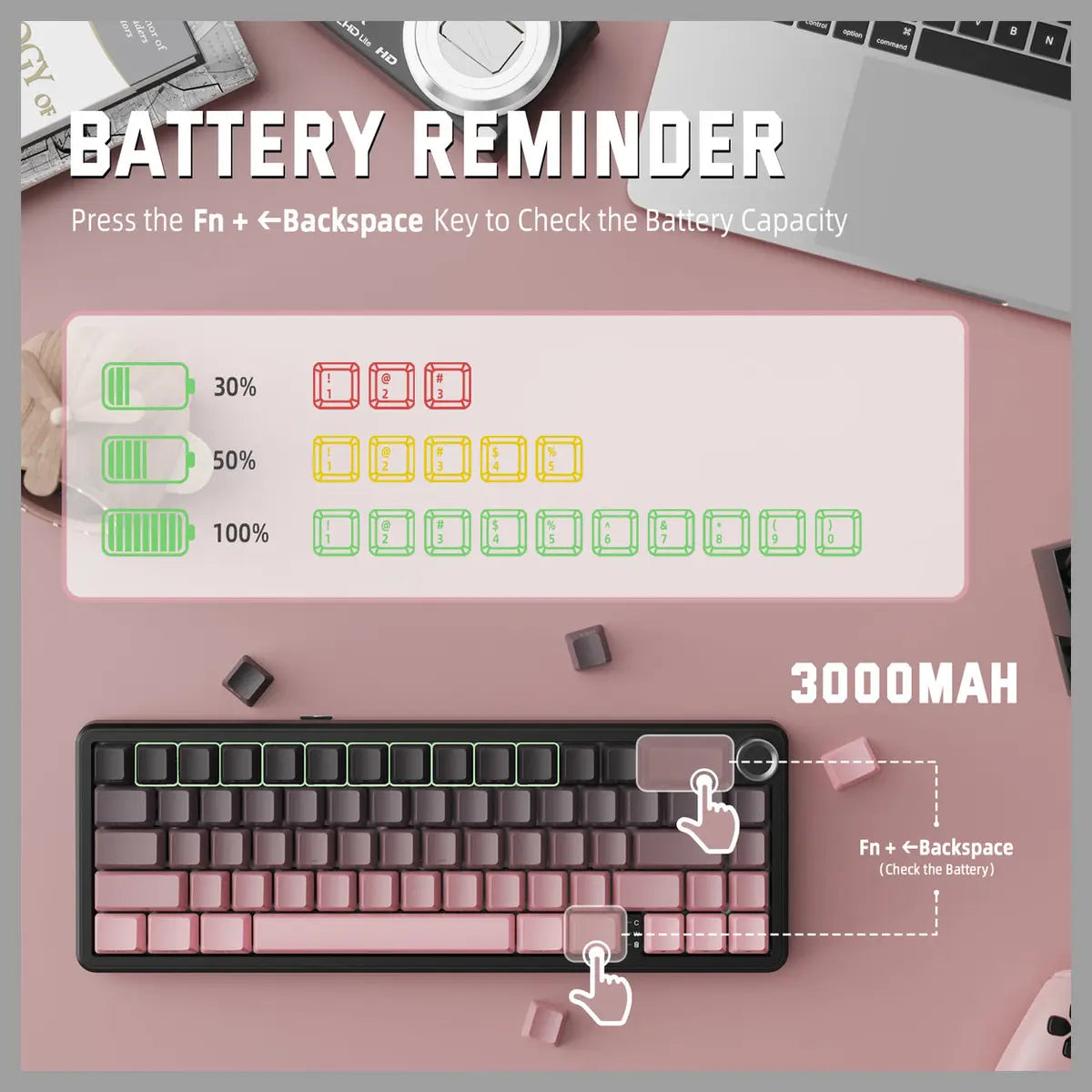 ATTACK SHARK X66 Wireless Mechanical Keyboard, Bluetooth and 2.4G Wireless and Type-C Wired, 60% ANSI Layout, Upgraded Gasket-Mount, Hot-Swap 3 and 5-Pin, Pre-Lubed Strawberry Switch, 3000mAh Battery, Blackberry Pink