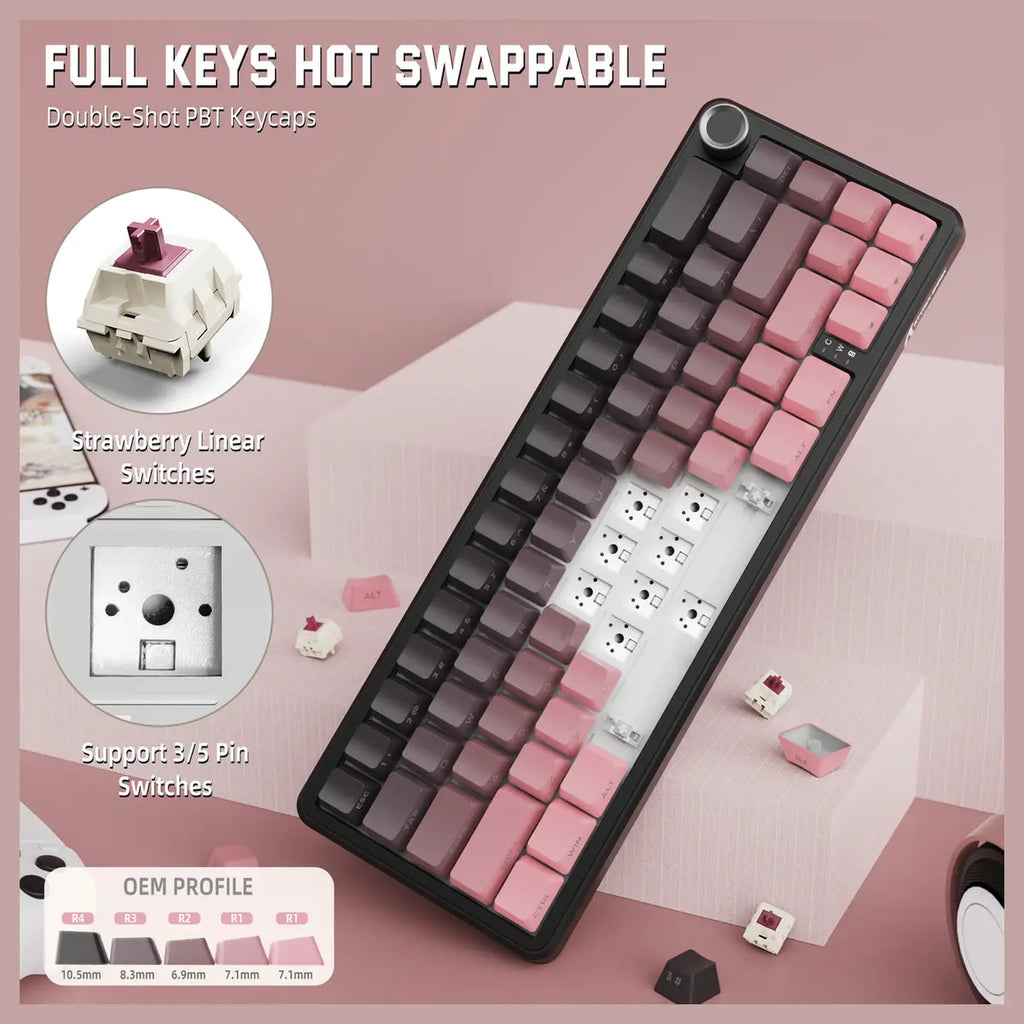 ATTACK SHARK X66 Wireless Mechanical Keyboard, Bluetooth and 2.4G Wireless and Type-C Wired, 60% ANSI Layout, Upgraded Gasket-Mount, Hot-Swap 3 and 5-Pin, Pre-Lubed Strawberry Switch, 3000mAh Battery, Blackberry Pink