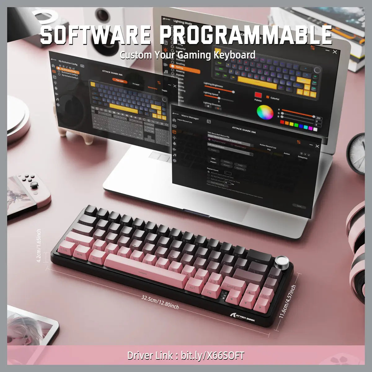 ATTACK SHARK X66 Wireless Mechanical Keyboard, Bluetooth and 2.4G Wireless and Type-C Wired, 60% ANSI Layout, Upgraded Gasket-Mount, Hot-Swap 3 and 5-Pin, Pre-Lubed Strawberry Switch, 3000mAh Battery, Blackberry Pink