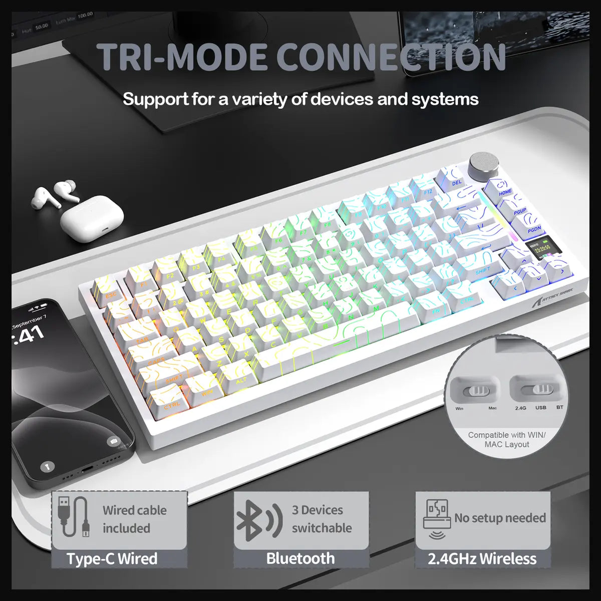 ATTACK SHARK X820Ultra Tri-mode Gasket Mechanical Keyboard, 75% ANSI Layout, Bluetooth 5.1 and 2.4G Wireless and Type-C Wired, TFT Smart Display and Knob, Hot-swappable, Programmable RGB, White Contours
