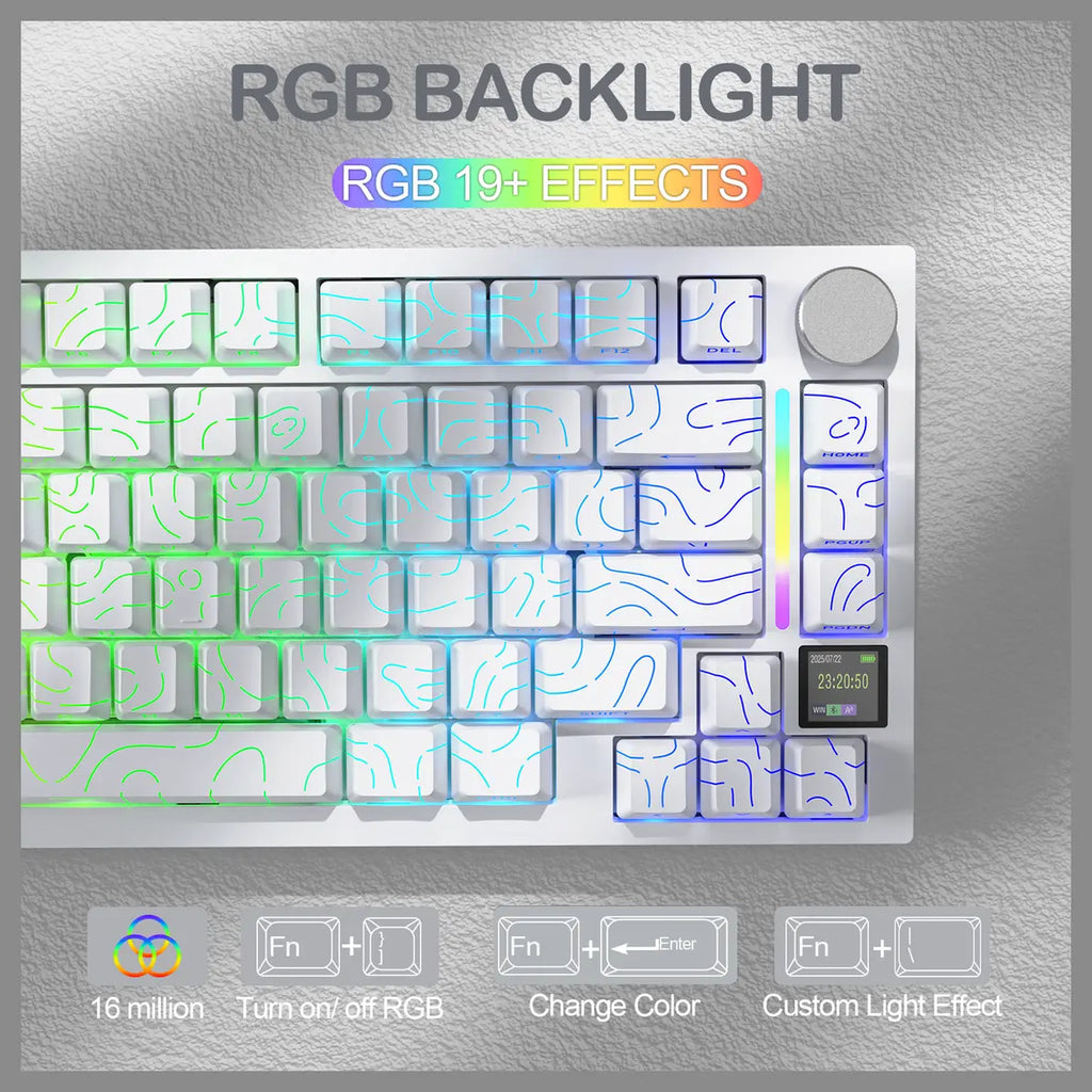 ATTACK SHARK X820Ultra Tri-mode Gasket Mechanical Keyboard, 75% ANSI Layout, Bluetooth 5.1 and 2.4G Wireless and Type-C Wired, TFT Smart Display and Knob, Hot-swappable, Programmable RGB, White Contours