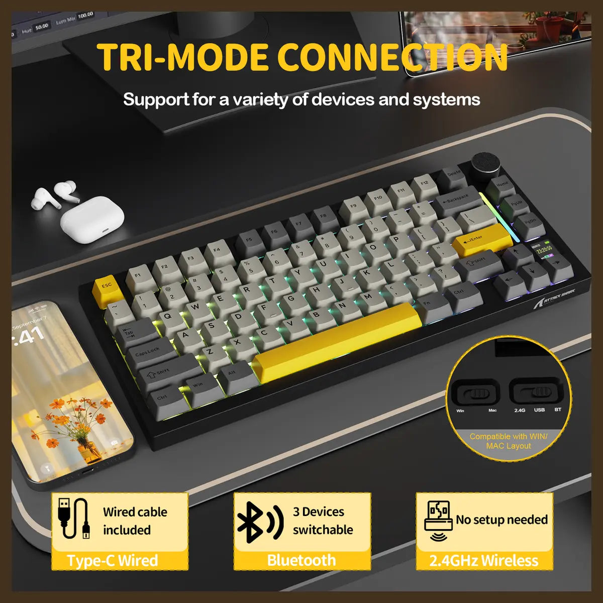 ATTACK SHARK X820Ultra Tri-mode Gasket Mechanical Keyboard, 75% ANSI Layout, Bluetooth 5.1 and 2.4G Wireless and Type-C Wired, TFT Smart Display and Knob, Hot-Swappable, Programmable RGB, Star Black