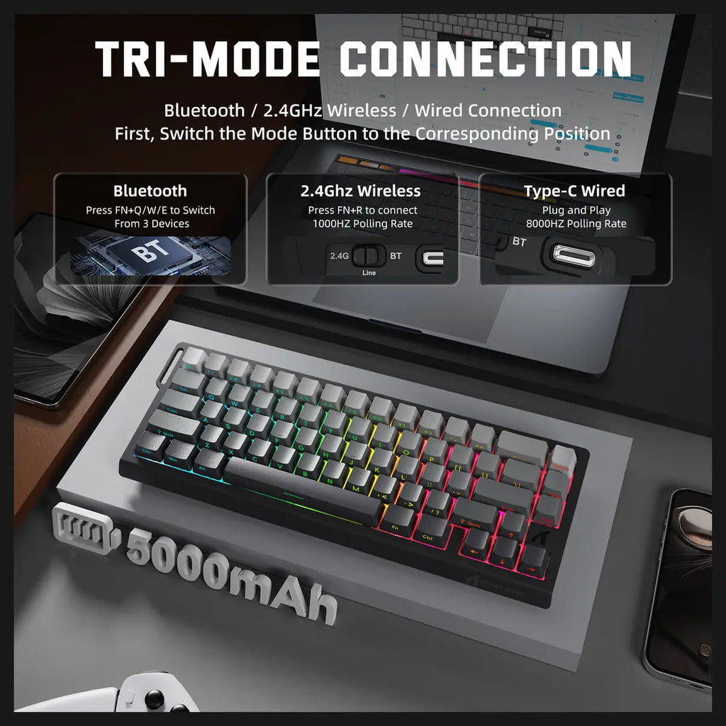 ATTACK SHARK X68PRO HE Wireless Rapid Trigger Keyboard, 60% Tri-Mode Wireless 8000Hz, 0.01mm RT Accuracy, Adjustable Actuation 0.1-3.4mm, Gradient Black