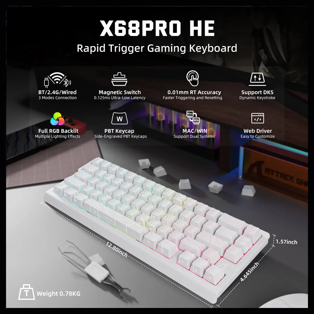 ATTACK SHARK X68PRO HE Wireless Rapid Trigger Keyboard, 60% Tri-Mode Wireless 8000Hz, 0.01mm RT Accuracy, Adjustable Actuation 0.1-3.4mm, RGB Backlight, White Contour Line