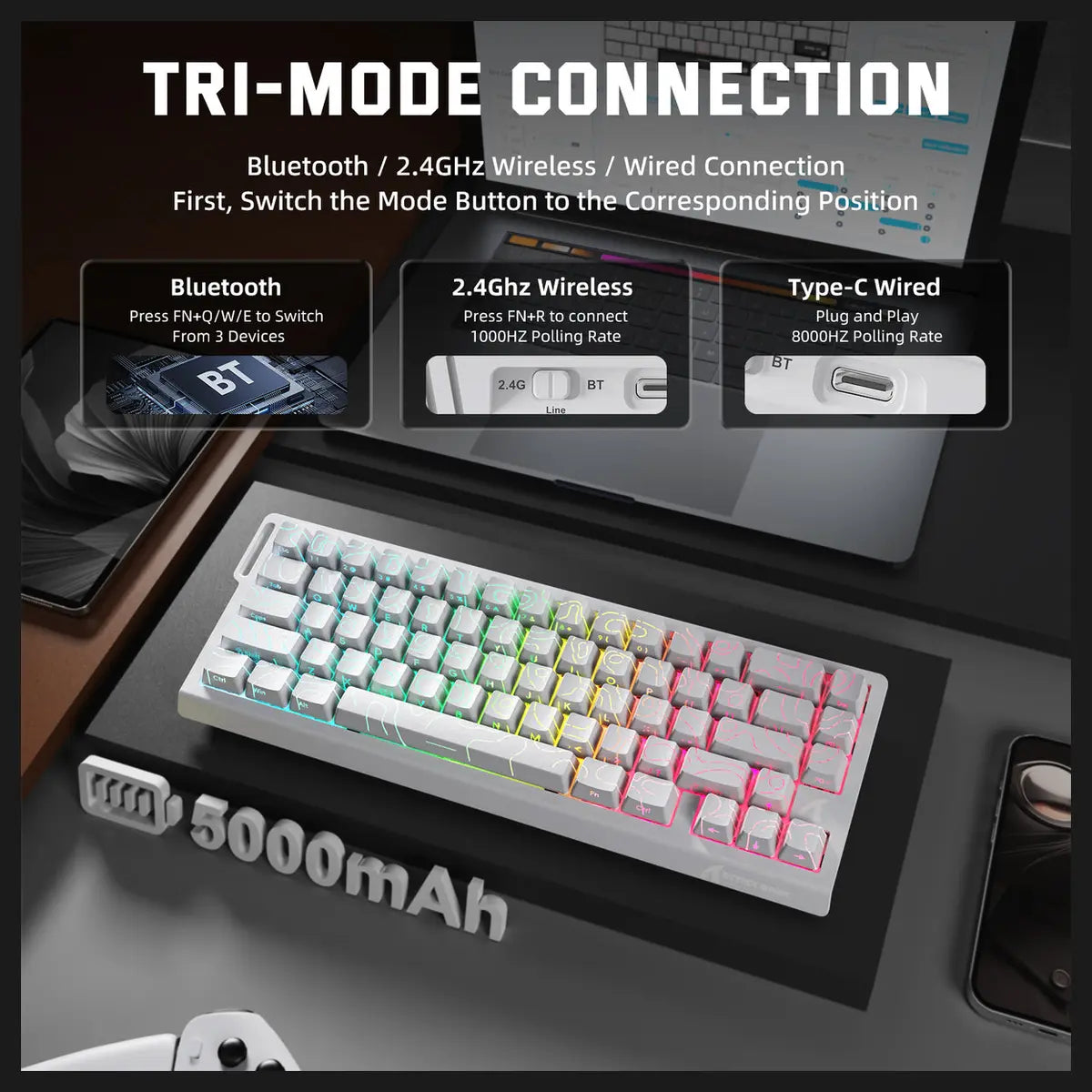 ATTACK SHARK X68PRO HE Wireless Rapid Trigger Keyboard, 60% Tri-Mode Wireless 8000Hz, 0.01mm RT Accuracy, Adjustable Actuation 0.1-3.4mm, RGB Backlight, White Contour Line