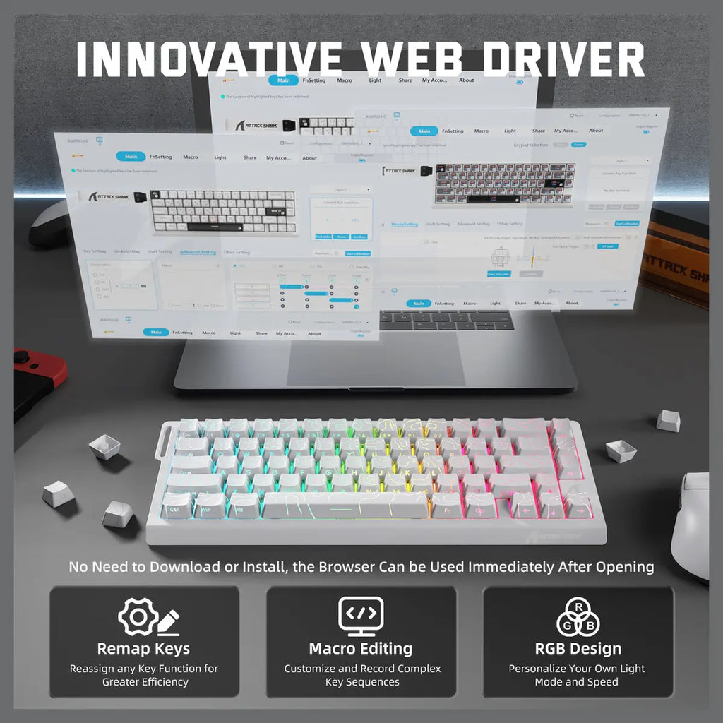 ATTACK SHARK X68PRO HE Wireless Rapid Trigger Keyboard, 60% Tri-Mode Wireless 8000Hz, 0.01mm RT Accuracy, Adjustable Actuation 0.1-3.4mm, RGB Backlight, White Contour Line