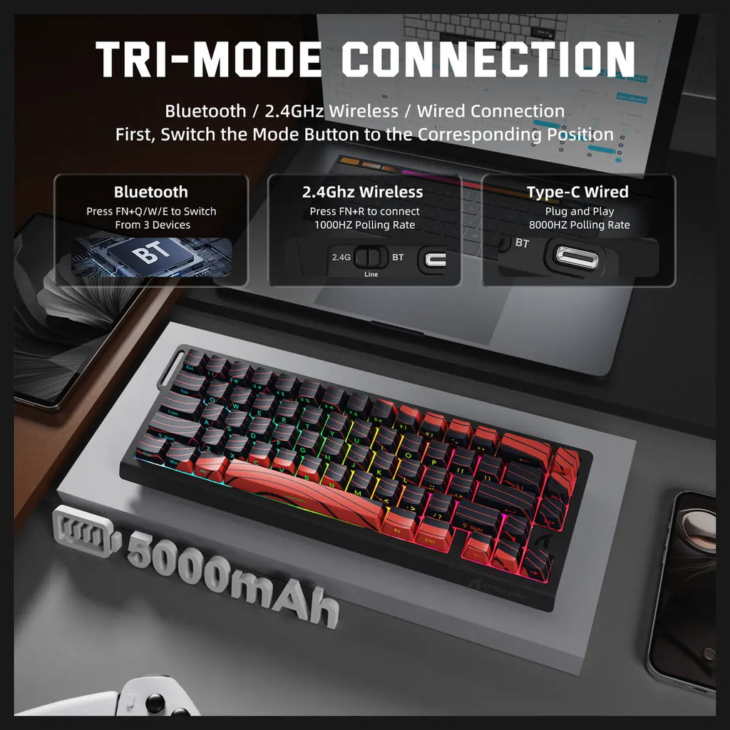 ATTACK SHARK X68PRO HE Wireless Rapid Trigger Keyboard, 60% Tri-Mode Wireless 8000Hz, 0.01mm RT Accuracy, Adjustable Actuation 0.1-3.4mm, RGB Backlight, Black and Red Contour Line
