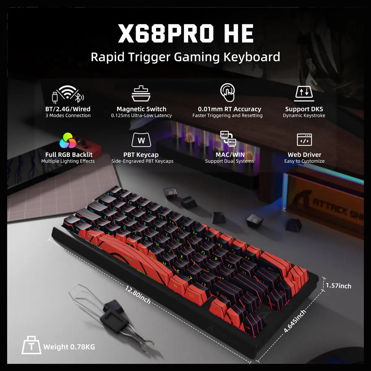 ATTACK SHARK X68PRO HE Wireless Rapid Trigger Keyboard, 60% Tri-Mode Wireless 8000Hz, 0.01mm RT Accuracy, Adjustable Actuation 0.1-3.4mm, RGB Backlight, Black and Red Contour Line