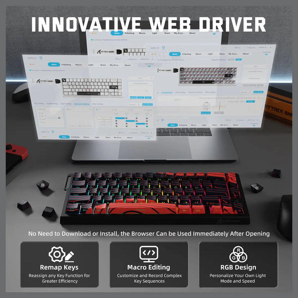 ATTACK SHARK X68PRO HE Wireless Rapid Trigger Keyboard, 60% Tri-Mode Wireless 8000Hz, 0.01mm RT Accuracy, Adjustable Actuation 0.1-3.4mm, RGB Backlight, Black and Red Contour Line