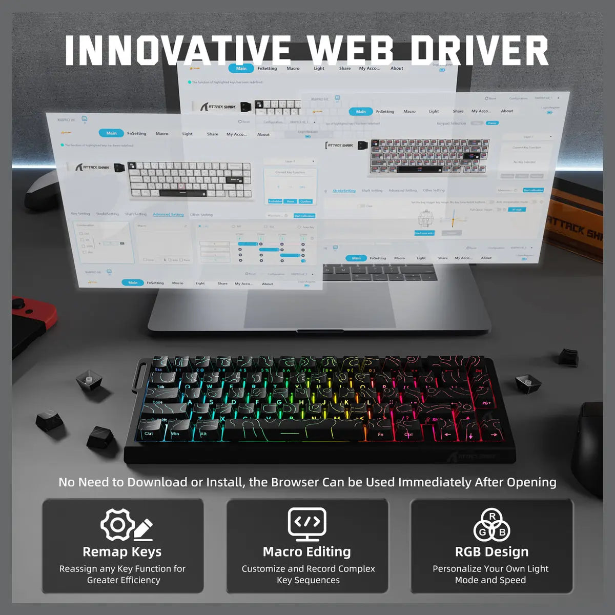 ATTACK SHARK X68PRO HE Wireless Rapid Trigger Keyboard, 60% Tri-Mode Wireless, 8000Hz Polling Rate 0.125ms Latency, 0.01mm RT Accuracy, Adjustable 0.1-3.4mm Actuation, Black Contour Line