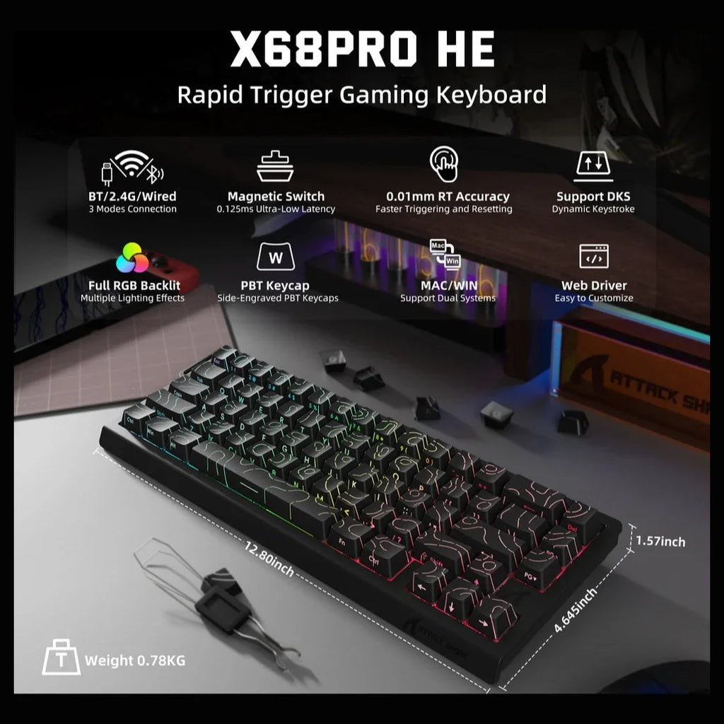 ATTACK SHARK X68PRO HE Wireless Rapid Trigger Keyboard, 60% Tri-Mode Wireless, 8000Hz Polling Rate 0.125ms Latency, 0.01mm RT Accuracy, Adjustable 0.1-3.4mm Actuation, Black Contour Line