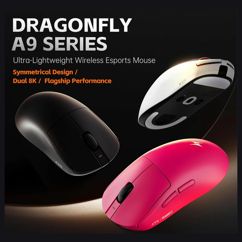 ATK Dragonfly A9 Pro Max Wireless Gaming Mouse, PAW3395 Ultra Sensor, Up to 42,000 DPI, 57g Lightweight, 200Hr Battery, 8K Polling, Tri-Mode, 5 Programmable Buttons, Black