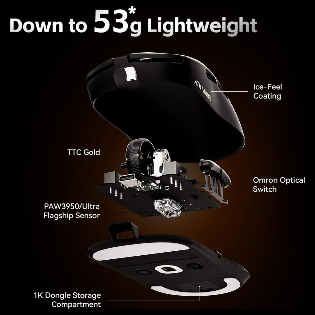 ATK Dragonfly A9 Pro Max Wireless Gaming Mouse, PAW3395 Ultra Sensor, Up to 42,000 DPI, 57g Lightweight, 200Hr Battery, 8K Polling, Tri-Mode, 5 Programmable Buttons, Black