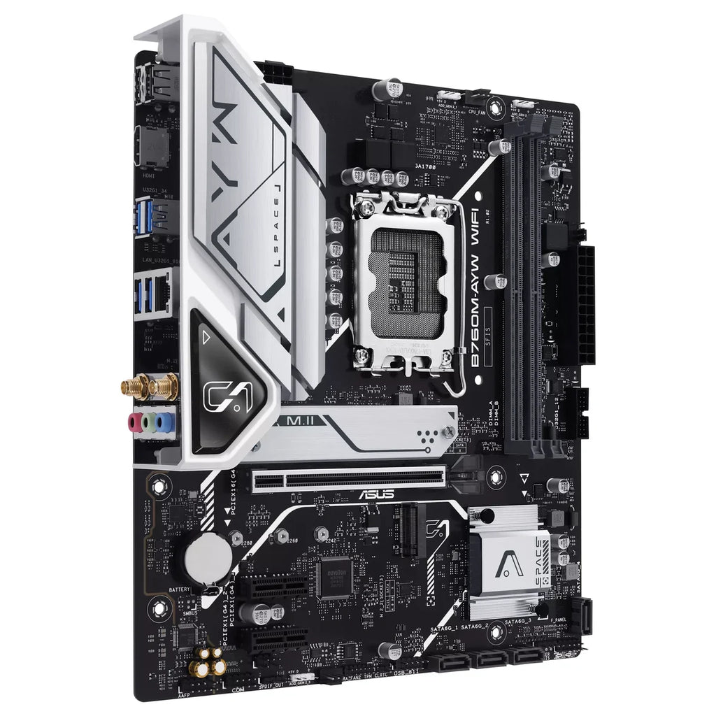 ASUS B760M-AYW WIFI Motherboard, Intel B760 LGA1700 mATX, DDR5, PCIe4.0 With 2x PCIe4.0 M.2, WiFi 6 and Realtek 2.5Gb Ethernet