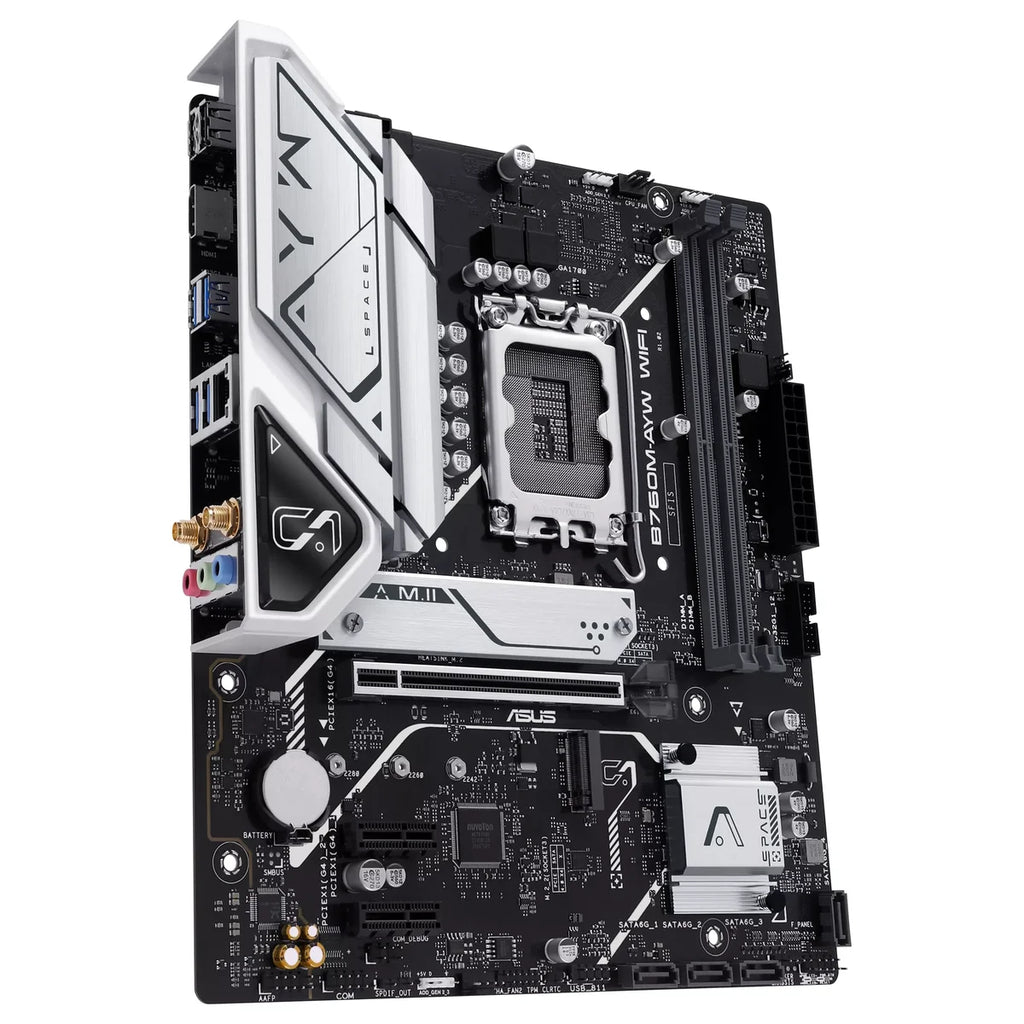 ASUS B760M-AYW WIFI Motherboard, Intel B760 LGA1700 mATX, DDR5, PCIe4.0 With 2x PCIe4.0 M.2, WiFi 6 and Realtek 2.5Gb Ethernet