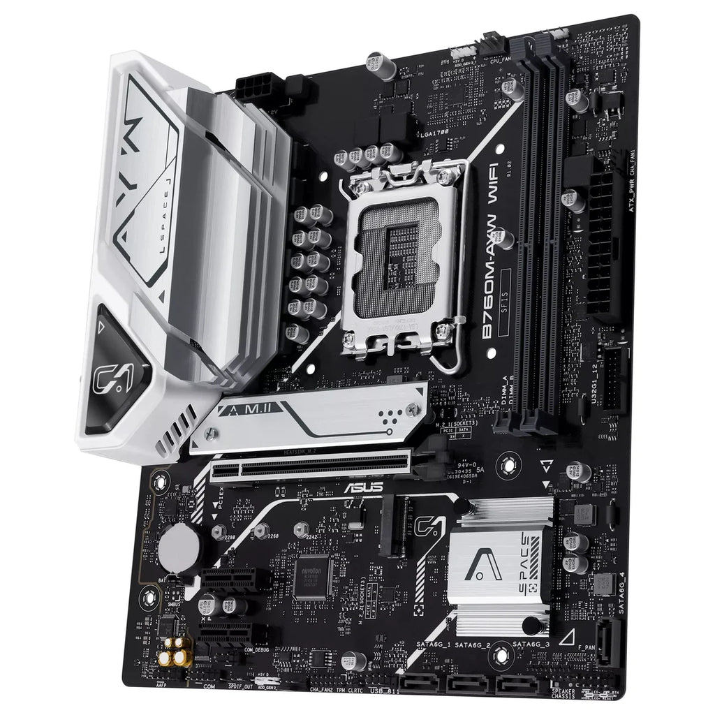 ASUS B760M-AYW WIFI Motherboard, Intel B760 LGA1700 mATX, DDR5, PCIe4.0 With 2x PCIe4.0 M.2, WiFi 6 and Realtek 2.5Gb Ethernet