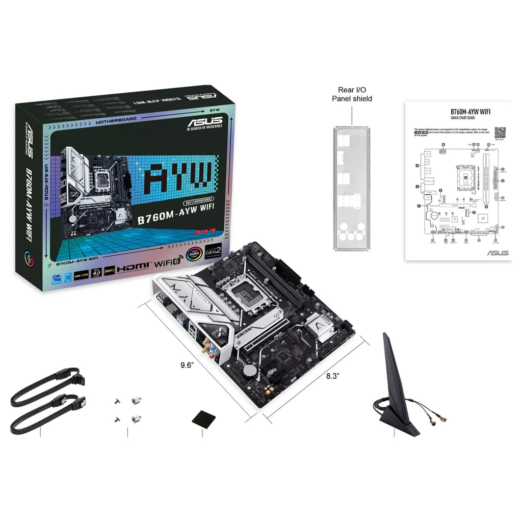 ASUS B760M-AYW WIFI Motherboard, Intel B760 LGA1700 mATX, DDR5, PCIe4.0 With 2x PCIe4.0 M.2, WiFi 6 and Realtek 2.5Gb Ethernet