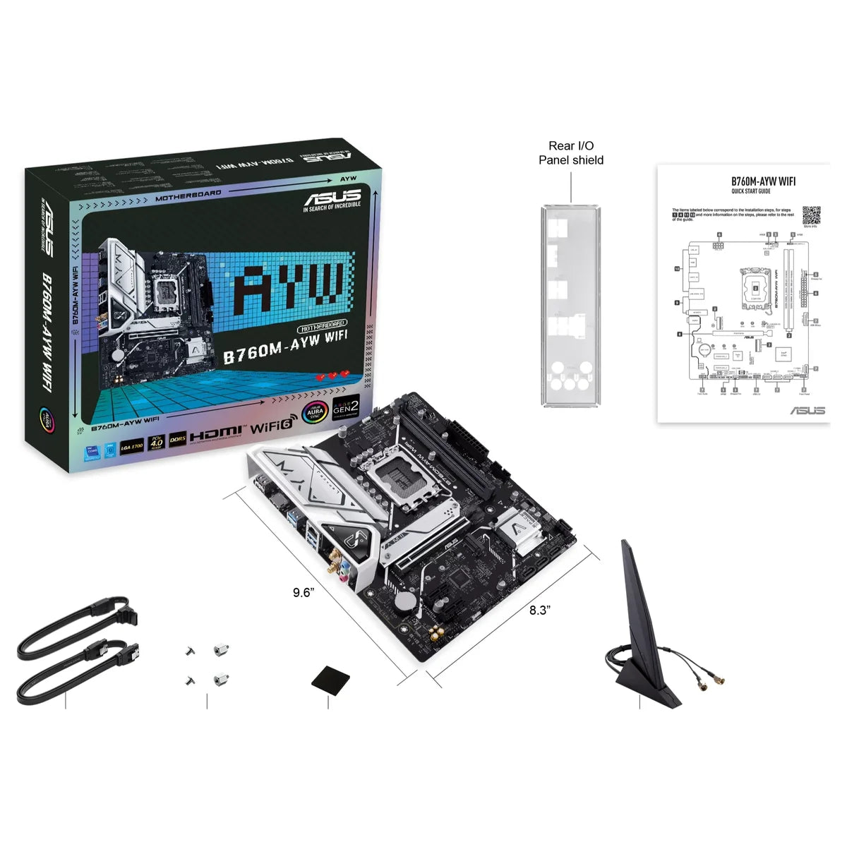 ASUS B760M-AYW WIFI Motherboard, Intel B760 LGA1700 mATX, DDR5, PCIe4.0 With 2x PCIe4.0 M.2, WiFi 6 and Realtek 2.5Gb Ethernet