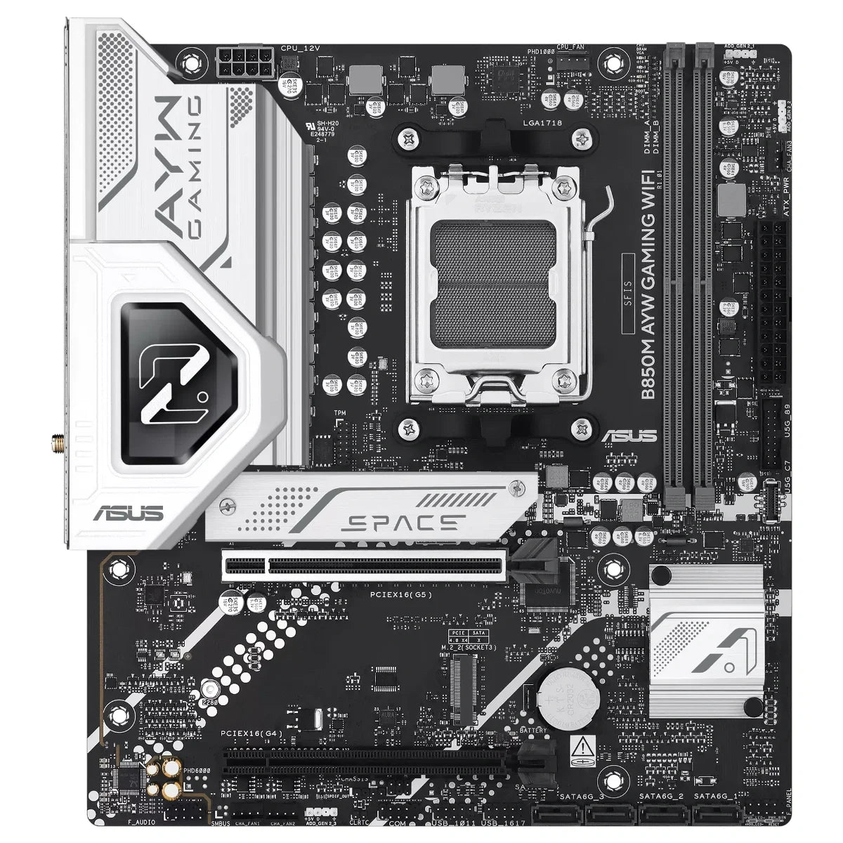 ASUS B850M AYW GAMING WIFI Motherboard, Socket AM5, Micro-ATX, DDR5 Up To 128GB, 2x M.2, Wi-Fi 6, Realtek 2.5Gb Ethernet