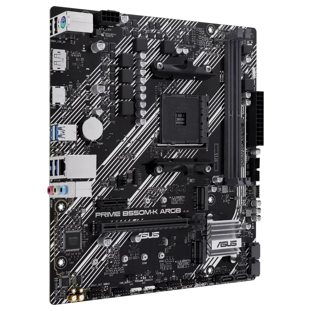 Asus PRIME B550M-K ARGB Motherboard, AMD B550, Ryzen AM4, Micro ATX, Dual M.2, PCIe 4.0, Realtek 1Gb Ethernet, DisplayPort and HDMI, SATA 6Gbps, USB 3.2 Gen 1, Front USB 3.2 Gen 1 Type-C