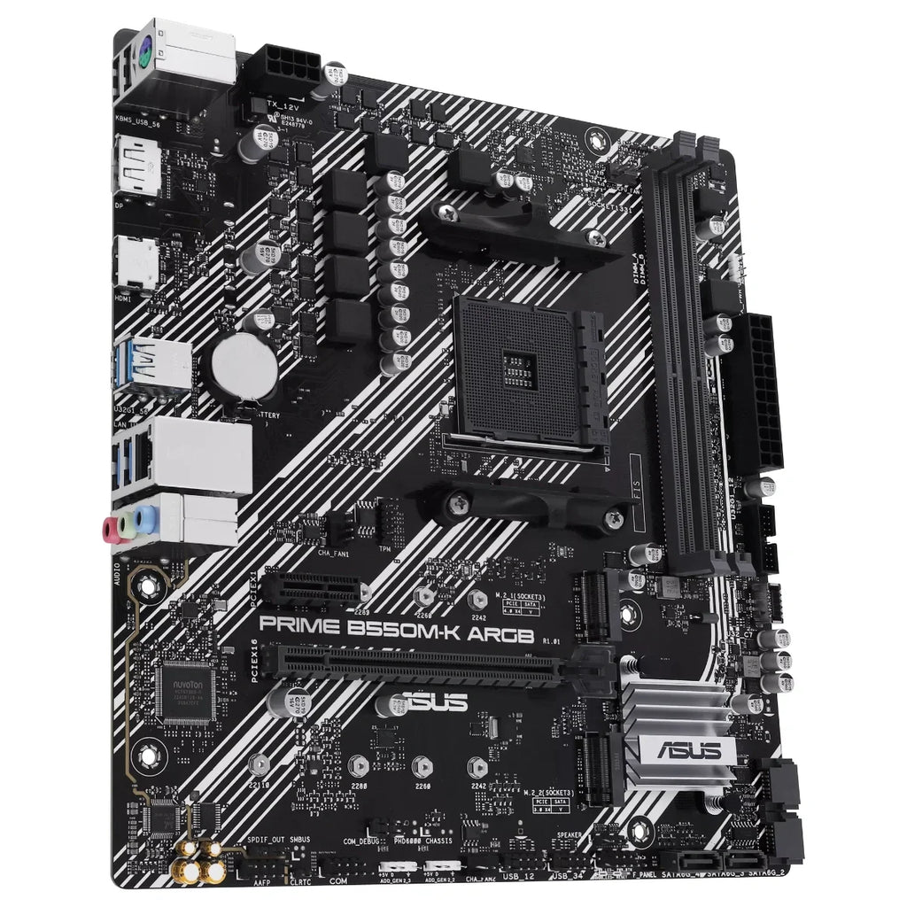 Asus PRIME B550M-K ARGB Motherboard, AMD B550, Ryzen AM4, Micro ATX, Dual M.2, PCIe 4.0, Realtek 1Gb Ethernet, DisplayPort and HDMI, SATA 6Gbps, USB 3.2 Gen 1, Front USB 3.2 Gen 1 Type-C