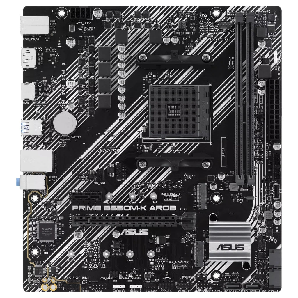 Asus PRIME B550M-K ARGB Motherboard, AMD B550, Ryzen AM4, Micro ATX, Dual M.2, PCIe 4.0, Realtek 1Gb Ethernet, DisplayPort and HDMI, SATA 6Gbps, USB 3.2 Gen 1, Front USB 3.2 Gen 1 Type-C