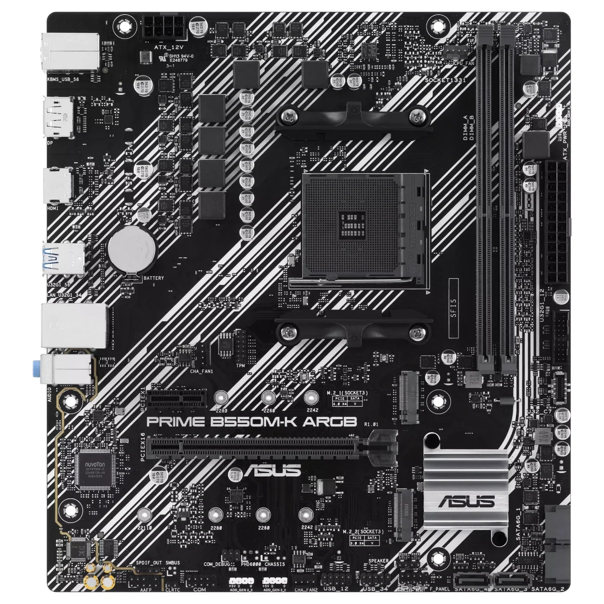 Asus PRIME B550M-K ARGB Motherboard, AMD B550, Ryzen AM4, Micro ATX, Dual M.2, PCIe 4.0, Realtek 1Gb Ethernet, DisplayPort and HDMI, SATA 6Gbps, USB 3.2 Gen 1, Front USB 3.2 Gen 1 Type-C
