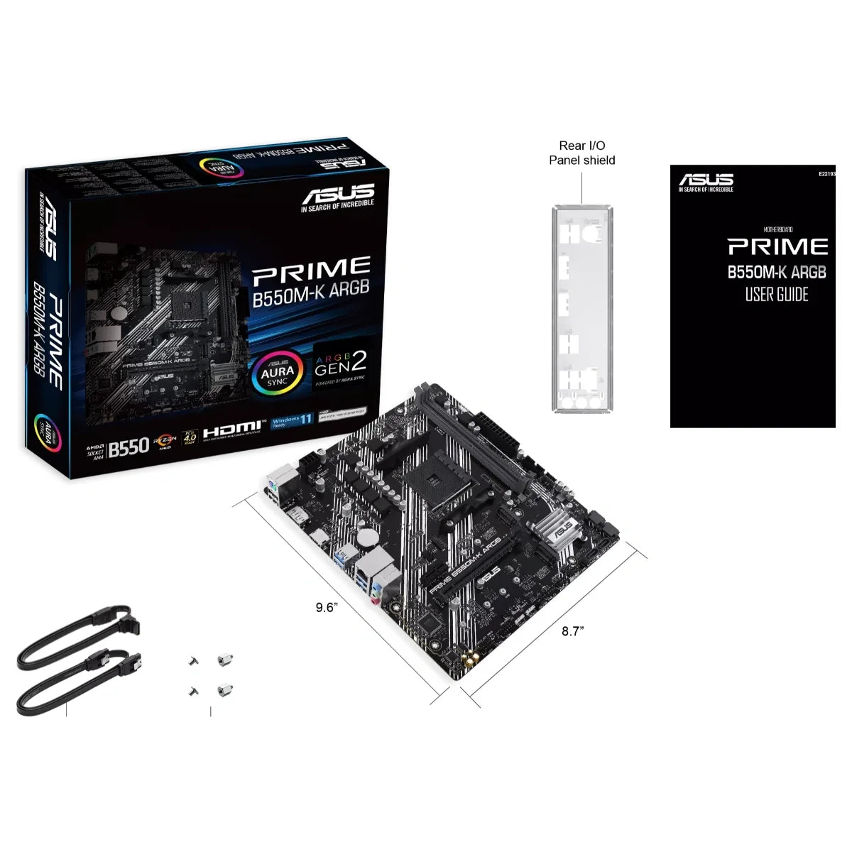 Asus PRIME B550M-K ARGB Motherboard, AMD B550, Ryzen AM4, Micro ATX, Dual M.2, PCIe 4.0, Realtek 1Gb Ethernet, DisplayPort and HDMI, SATA 6Gbps, USB 3.2 Gen 1, Front USB 3.2 Gen 1 Type-C